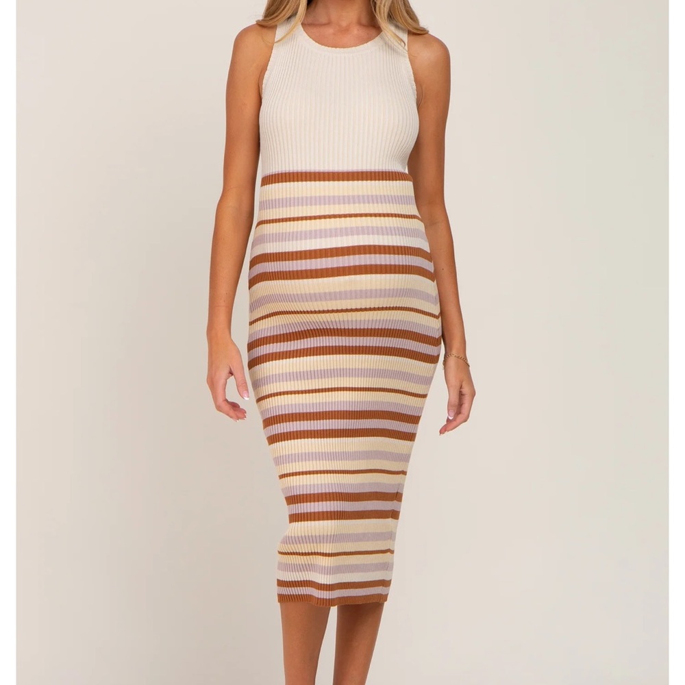Beige striped cutout knit maternity midi dress